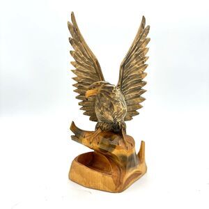 Vintage 1970s-80s USSR Hand Carved Wood Eagle Figurine w/ Tray СССР ОТК Stamp 8"
